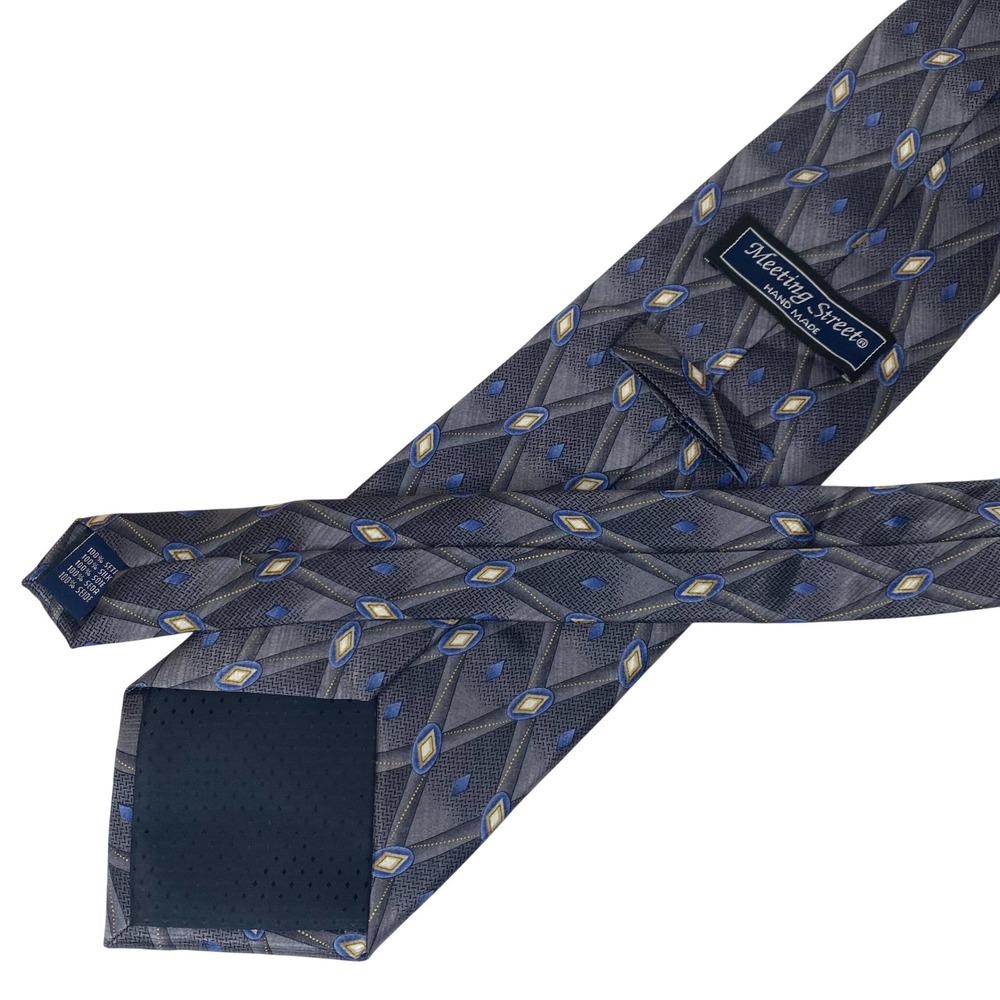 MEETING‎ STREET Necktie Mens Gray Blue Silk Geometric Wide Classic Dress 58x4 - Picture 2 of 5